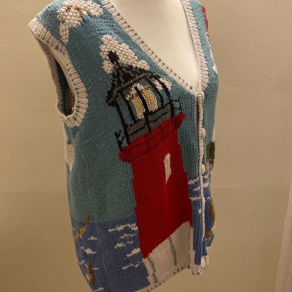 Eagle's Eye Vintage Lighthouse Coastal Themed Cardigan Sweater Vest Womens Sz L - Picture 6 of 16